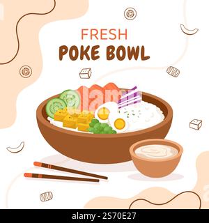 Modèle de fond de la nourriture de Poke Bowl dessin à la main dessin de dessin à plat de dessin animé Illustration de Vecteur