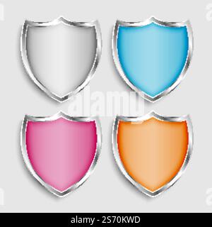 quatre symboles ou icônes de bouclier métallique brillant Illustration de Vecteur