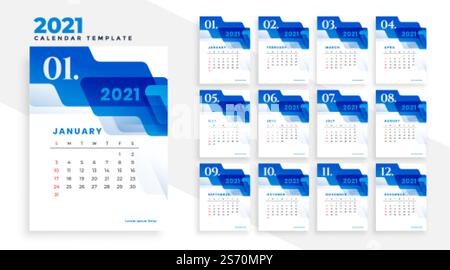 2021 modèle de calendrier d'affaires bleu avec formes abstraites Illustration de Vecteur