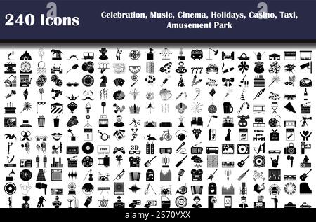 240 icônes de la fête, de la musique, du cinéma, des vacances, du casino, Taxi, parc d'attractions. Illustration vectorielle entièrement modifiable. Texte développé. Illustration de Vecteur