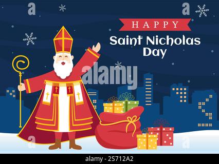 Saint Nicholas Day ou Sinterklaas Celebration Template dessin à la main dessin à l'écran plat de dessin animé avec boîte cadeau et dessin d'arrière-plan d'hiver Illustration de Vecteur