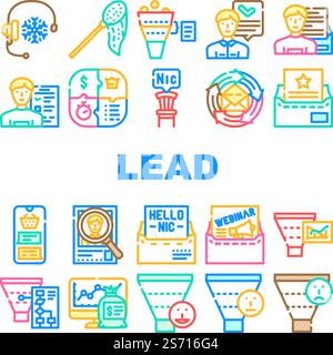 vecteur de jeu d'icônes d'affaires de client de génération de prospects. marketing en entonnoir, conversion numérique entrante, stratégie d'aimant client, génération de prospects de site web, illustrations de lignes de couleurs d'affaires client. vecteur de jeu d'icônes d'affaires de client de génération de prospects Illustration de Vecteur