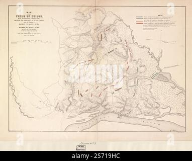 Carte du champ de Shiloh, près de Pittsburgh Landing, Tenn., montrant les positions des forces américaines sous le commandement du Major Genl. U. S. Grant, U.S. Vol. et Maj. Genl. D. C. Buell, U.S. Vol. les 6 et 7 avril 1862 1862 par Matz Otto H. Banque D'Images