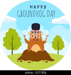 Joyeux jour de marmotte sur 2 février avec un joli personnage marmotte et un modèle de fond de jardin dessin main dessin dessin dessin dessin dessin dessin dessin de dessin animé à plat de dessin animé Illustration de Vecteur