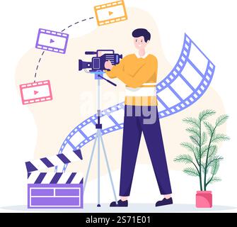 Modèle de services de vidéaste dessin main dessin de dessin animé dessin animé à plat avec enregistrement de production vidéo, film, équipement et cinéma conception de l'industrie Illustration de Vecteur