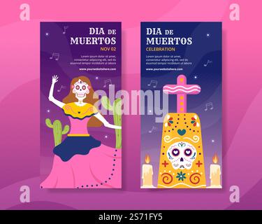 Dia de Los Muertos ou modèle de bannière verticale Day of the Dead Illustration d'un dessin animé à la main Illustration de Vecteur