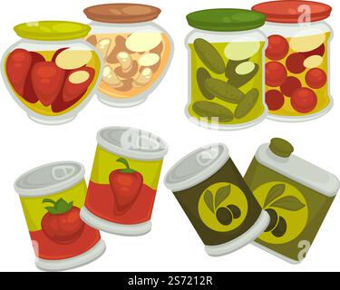Concombres et poivrons en conserve, tomates et olives, ail en bouteille. Cornichons et légumes fermentés, alimentation saine et régime, nutrition et hors-d'œuvre pour le cours de repas. Vecteur dans le style plat. Concombres marinés et tomates, vecteur de poivrons Illustration de Vecteur