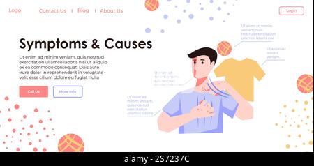 Maladies cutanées et maladies. Symptômes et causes. Page du site avec des informations sur la sensibilité et les allergènes, les vêtements et les tissus provoquant l'allergie sur le corps. Vecteur dans l'illustration de style plat. Symptômes et causes des maladies de la peau, page du site Web Illustration de Vecteur