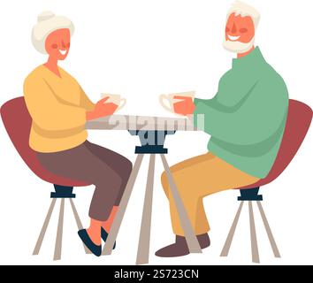 Personnes âgées à la date, homme et femme buvant du café dans un café ou un restaurant. Grand-mère ou grand-père assis près d'une table et parlant. Communication et retraite heureuse. Vecteur dans le style plat. Grand-mère et grand-père au café, personnes âgées Illustration de Vecteur