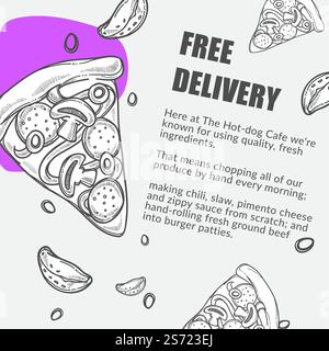 Menu de pizzeria, livraison de la maison de pizza, affiche avec repas et tranche de légumes et de viande. Commander en ligne dans des cafés, bistrots ou restaurants. Contour d'esquisse monochrome, vecteur dans le style plat. Pizzeria livraison gratuite de pizza, affiches de menu Illustration de Vecteur