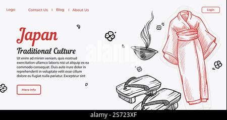 Site touristique avec les traditions et la culture japonaises expliquées pour les voyageurs. Coutumes orientales, vêtements et nourriture, thé chaud et chaussures naturelles de flip flop en bois. Vecteur de contour d'esquisse monochrome. Traditions et culture japonaises, site touristique Illustration de Vecteur