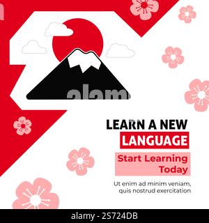 Cours ou leçons de japonais, commencez à maîtriser aujourd'hui. Éducation en ligne ou hors ligne avec groupe et enseignant. Bannière avec monture fuji et soleil, nuages et fleur de sakura. Vecteur dans le style plat. Apprendre une nouvelle langue commence aujourd'hui, cours ou leçons Illustration de Vecteur