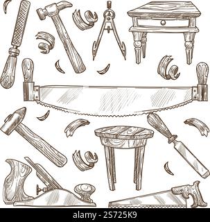 Outils et instruments pour le travail dans le domaine de la menuiserie, scie et marteau isolés, table et machines de coupe. Occupation de l'industrie et de la technologie pour les travailleurs, vecteur d'esquisse monochrome à plat. Menuiserie et menuiserie, outils et instruments Illustration de Vecteur