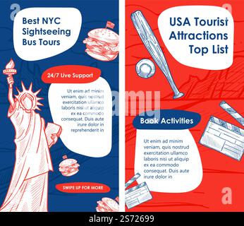 Liste des meilleures attractions des États-Unis, réservez des activités et des excursions en bus pour profiter de New York dans le confort. Voyager aux états-unis d'Amérique et essayer la nourriture traditionnelle. Support en ligne, informations sur le vecteur de site Web. Liste des attractions des meilleurs circuits touristiques en bus à New York Illustration de Vecteur