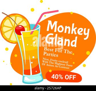 Boissons alcoolisées idéal pour les fêtes, cocktail servi dans un verre avec cerise et tranche de citron. 40 % de réduction sur les boissons, la boutique ou le magasin, le menu du restaurant ou le bar. Bannières publicitaires, vecteur dans le style plat. Cocktail de glande de singe meilleur pour le vecteur de parties Illustration de Vecteur