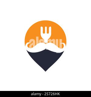 Conception de modèle de logo de gourou alimentaire. illustration moustache avec fourche et conception d'icône gps. Illustration de Vecteur