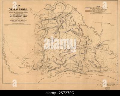 Carte du champ de Shiloh, près de Pittsburgh Landing, Tenn., montrant les positions des forces américaines sous le commandement du Major Genl. U. S. Grant, U.S. Vol. et Maj. Genl. D. C. Buell, U.S. Vol. les 6 et 7 avril 1862 1862 par Matz Otto H. Banque D'Images