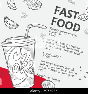 Chips et coke, restauration rapide et collations dans la boutique. Boissons gazeuses rafraîchissantes avec des bulles, des chips de pommes de terre dans un café ou un bistrot. Nutrition et régime. Contour d'esquisse monochrome du menu, vecteur dans le style plat. Fast food un soda, des chips et un vecteur de coke Illustration de Vecteur