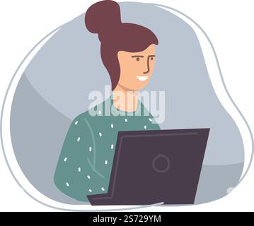 Personnage féminin avec ordinateur portable travaillant sur un projet d'entreprise ou une startup, femme isolée avec des ordinateurs personnels regardant dans l'écran. Étudiant étudiant ou complétant des projets. Vecteur dans le style plat. Femme assise par ordinateur portable, travailleur ou vecteur étudiant Illustration de Vecteur