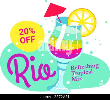 Réduction sur le cocktail rio servi avec parapluie décoratif et tranche de citron. Mélange tropical rafraîchissant en solde, réduction de prix de 20 %. Jus et alcool. Vecteur dans le style plat. Vente de boissons alcoolisées rafraîchissantes à Rio Illustration de Vecteur