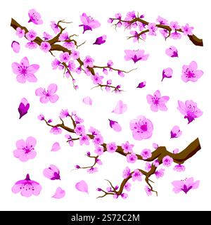 Motif floral sans couture avec fleur de sakura, floraison de cerisier et fleurs florissantes sur les branches. Papier peint ou fond, jardin zen ou verger, plante de culture japonaise. Vecteur dans le style plat. Fleur de Sakura, cerisier avec motif de fleurs Illustration de Vecteur
