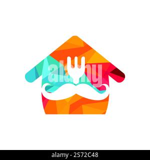Conception de modèle de logo de gourou alimentaire. illustration moustache avec fourche et design d'icône de maison. Illustration de Vecteur