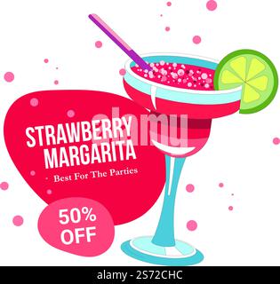 Cocktail alcoolisé avec tranche de citron vert et paille comme décoration. Margarita aux fraises servie au bar ou au restaurant, soldes et rabais sur le prix, 50 % de rabais sur le solde. Bannière publicitaire, vecteur en plat. Cocktail classique à la margarita aux fraises en solde Illustration de Vecteur