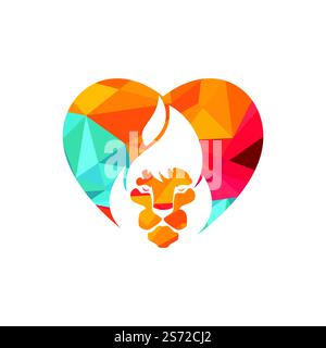 Modèle de conception du logo vectoriel Lion Fire. Motif lion Flames créatif avec logo en forme de coeur. Illustration de Vecteur
