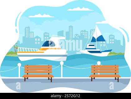 Modèles de yachts dessin main dessin animé dessin animé dessin animé Illustration avec les gens dansant, bronzer, boire des cocktails et se détendre sur un bateau de croisière à l'océan Illustration de Vecteur