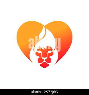 Modèle de conception du logo vectoriel Lion Fire. Motif lion Flames créatif avec logo en forme de coeur. Illustration de Vecteur