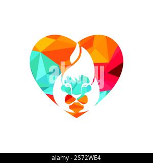 Modèle de conception du logo vectoriel Lion Fire. Motif lion Flames créatif avec logo en forme de coeur. Illustration de Vecteur