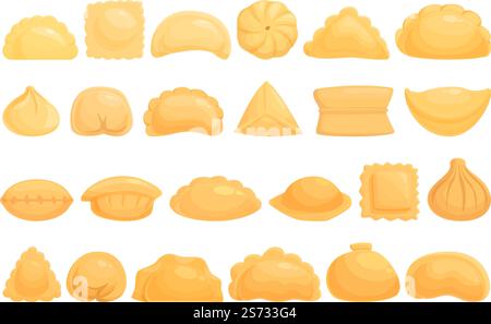 Les icônes de dumplings définissent le vecteur de dessin animé. Wonton pelmeni. Nourriture de ravioli. Les icônes de dumplings définissent le vecteur de dessin animé. Wonton pelmeni Illustration de Vecteur
