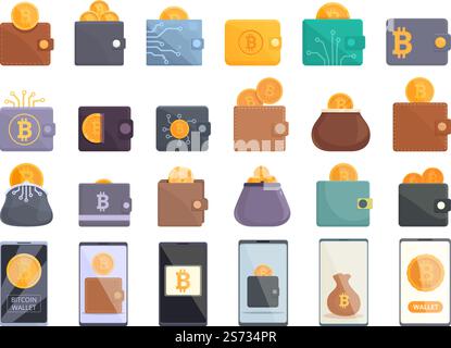 Icônes de portefeuille Bitcoin définissent le vecteur de dessin animé. Porte-monnaie. Virement bancaire. Icônes de portefeuille Bitcoin définissent le vecteur de dessin animé. Porte-monnaie Illustration de Vecteur