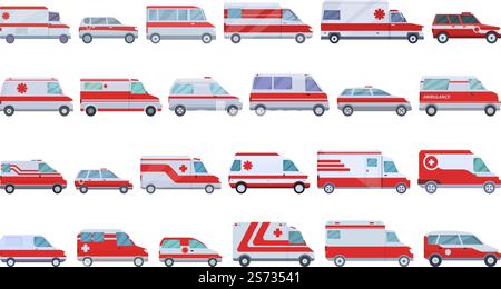Les icônes de véhicules d'urgence définissent le vecteur de dessin animé. Transport ambulancier. Service de voiture. Les icônes de véhicules d'urgence définissent le vecteur de dessin animé. Transport ambulancier Illustration de Vecteur