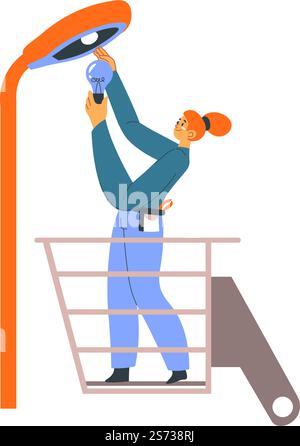 Électricien de caractère féminin fixant l'ampoule, installant des lumières à la rue. Travailleur professionnel isolé avec des outils debout sur l'ascenseur travaillant. Femme en uniforme protecteur. Vecteur dans le style plat. Femme électricien fixant la lampe installant l'ampoule Illustration de Vecteur