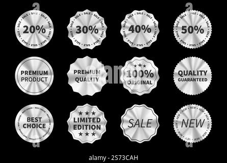 Ensemble d'autocollants vectoriels holographiques, étiquettes et badges de qualité supérieure pour les entreprises, les soldes, les remises et les promotions. Illustration de Vecteur