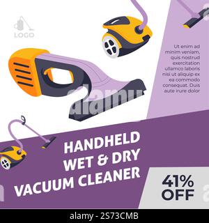 Appareils ménagers et gadgets pour la propreté et l'hygiène. Aspirateur à main humide et sec pour la maison ou la voiture. Hoovering et se débarrasser de la poussière, des ventes et des rabais. Vecteur dans le style plat. Aspirateur sec et humide à main pour la maison Illustration de Vecteur