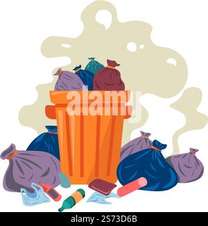 Débordement des ordures dans la boîte, sacs en plastique avec la litière et déchets dans le bac. Odeur malodorante de la benne à ordures. Élimination des ménages et problèmes environnementaux des grandes villes peuplées. Vecteur dans le style plat. Poubelle avec des ordures odorantes et de la litière dans des sacs Illustration de Vecteur