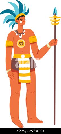 Ancien guerrier maya ou aztèque, soldat avec lance pointue et collier ornemental. Coiffure en plumes et cuir. Monarque ou souverain, rituels religieux et traditions. Vecteur dans le style plat. Guerrier maya, homme avec lance et chapeaux de plumes Illustration de Vecteur