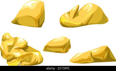 Métal doré naturel ou minerai brut, matériau isolé utilisé pour fabriquer des bijoux et de l'argent. Symbole de richesse et de richesse, stabilité économique et croissance financière. Investissement bancaire. Vecteur dans le style plat. Minéral d'or, morceaux de métaux dorés naturels Illustration de Vecteur