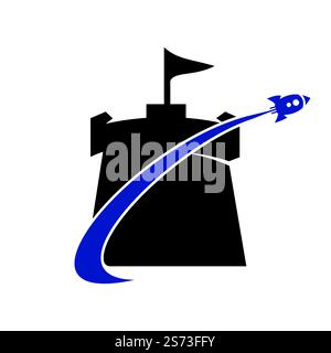 Château de vecteur et rocket combinaison logo. Tour et symbole de l'avion ou de l'icône. Forteresse unique et logotype de vol modèle. Illustration de Vecteur