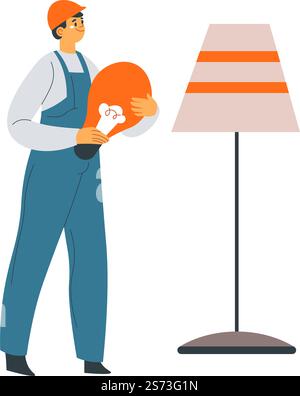 Personnage masculin portant uniforme et casque portant ampoule fixant les lumières de la lampe. Électricien isolé au travail, travailleur professionnel faisant l'installation ou la réparation, l'entretien. Vecteur dans le style plat. Électricien homme avec lampes de fixation d'ampoule Illustration de Vecteur