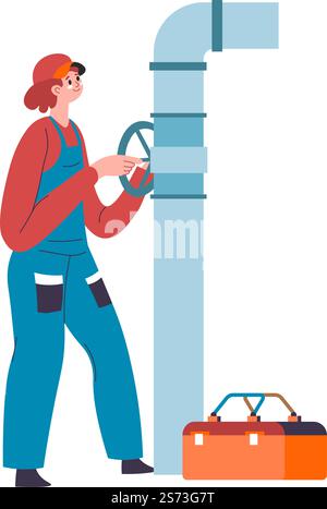 Personnage féminin fixant le système d'eau de canalisation, femme plombier isolé avec des outils et des instruments maintenant et fixant la construction. Chauffage ou fuite, technicien ou ingénieur. Vecteur dans le style plat. Femme plombier fixant le système d'eau de tuyau obsolète Illustration de Vecteur