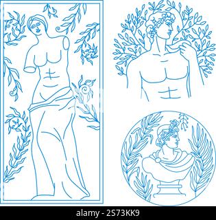 Art grec ou romain ancien et patrimoine culturel. Buste d'homme avec couronne de laurier et feuillage. Statue isolée de femme, corps de venus di milo et beauté de jeune personnage féminin. Vecteur dans le style plat. Statues antiques et buste Vénus et portrait d'Apollon Illustration de Vecteur