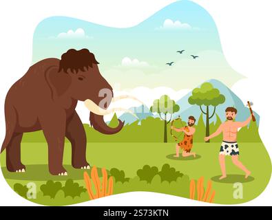 Tribes de l'âge de pierre préhistorique chasse de grands animaux avec arme dans un dessin à la main de dessin de dessin à plat Illustration Illustration de Vecteur