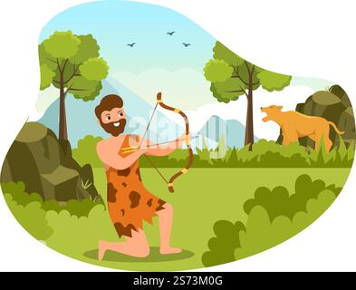 Tribes de l'âge de pierre préhistorique chasse de grands animaux avec arme dans un dessin à la main de dessin de dessin à plat Illustration Illustration de Vecteur