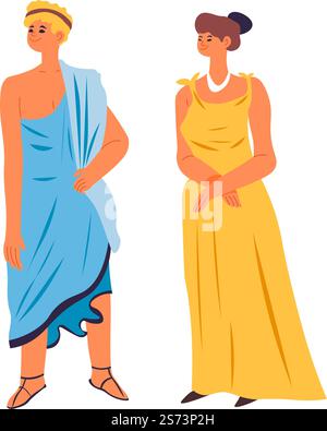 Femme et homme portant des vêtements traditionnels classiques de la Rome antique ou de la Grèce. Personnages masculins et féminins isolés sur le mariage. Toga et robe et accessoires. Les jeunes. Vecteur dans le style plat. Homme et femme dans la Grèce antique ou Rome vecteur Illustration de Vecteur