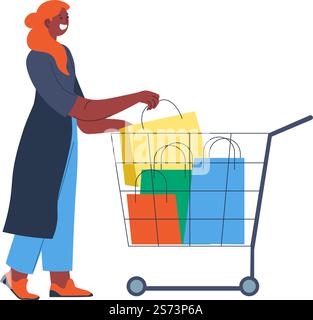 Personnages féminins achetant des produits, de la nourriture et de l'épicerie dans des magasins et des magasins. Femme isolée avec chariot et sacs. Shopping et consumérisme, vente et réductions dans les supermarchés du centre commercial. Vecteur dans le style plat. Femme avec chariot à provisions, rempli de sacs Illustration de Vecteur