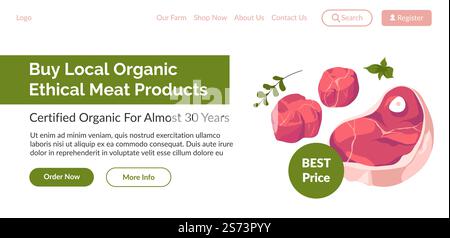 Produits carnés certifiés biologiques sans impact sur l'environnement. Substituts de repas végétaliens et végétariens, ingrédients à base de plantes. Page de destination du site Web, modèle de page Web en ligne. Vecteur dans le style plat. Acheter le site Web local de produits de viande biologique éthique Illustration de Vecteur