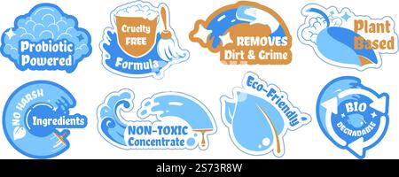 Set d'autocollants nettoyants écologiques avec élément liquide. Collection d'étiquettes de produit respectueuse de l'environnement avec formule sans cruauté, illustration vectorielle. Concentré non toxique avec motif d'emblème alimenté par probiotiques. Set d'autocollants nettoyants écologiques avec élément liquide Illustration de Vecteur